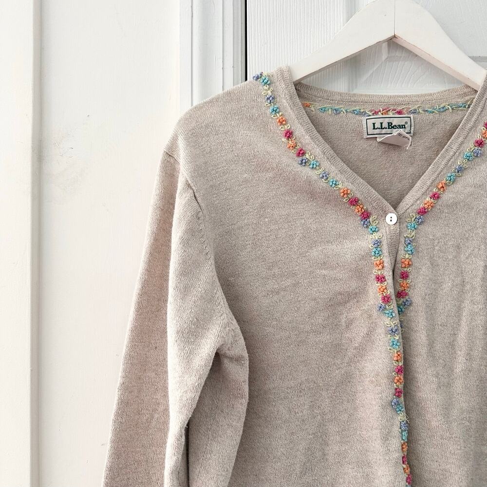 LL Bean Vintage Beige Linen Cotton Cardigan Embroidered Multi Floral Trim Large - Picture 2 of 9